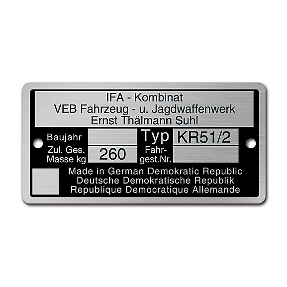Typenschild KR51/2 Aluminiumplakette