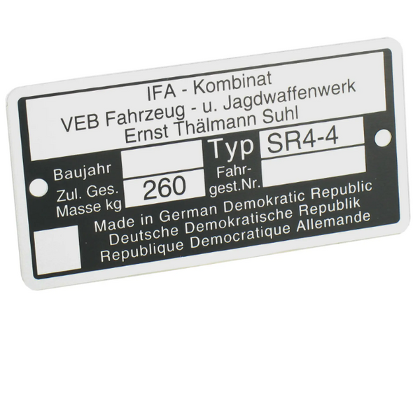 Typenschild SR4-4 Aluminiumplakette